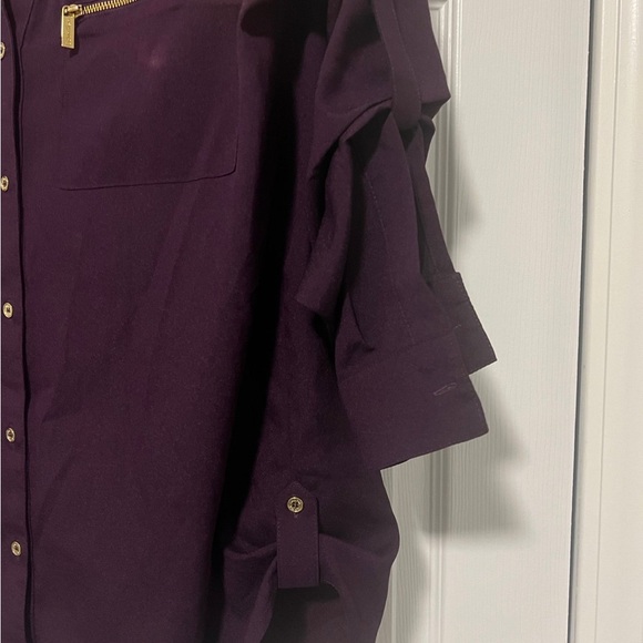 Calvin Klein Deep Purple Button-Front Blouse with Gold Zipper Pockets - Picture 3 of 3